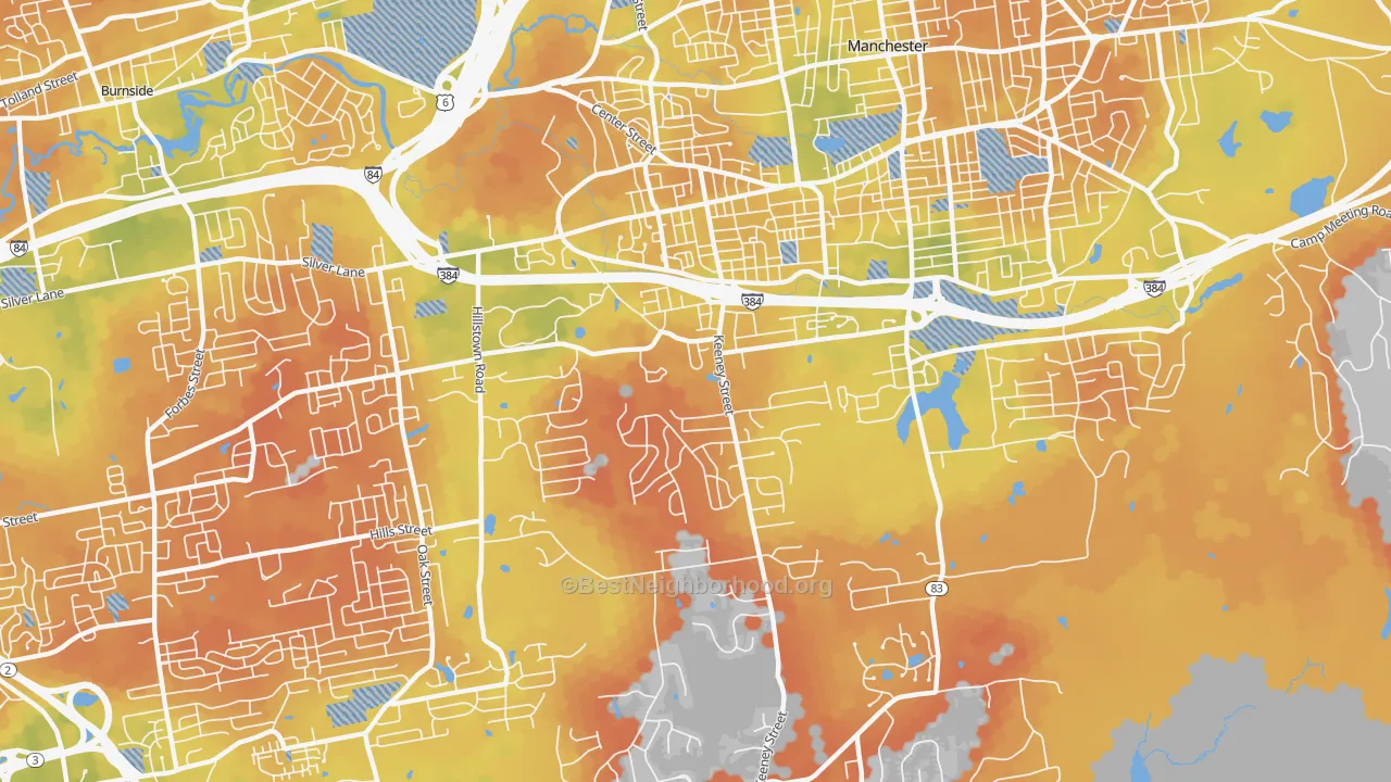 Bike Grade map of Keeney, Manchester, CT