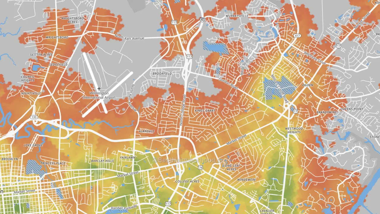 Bike Grade map of Kings Grant, NC