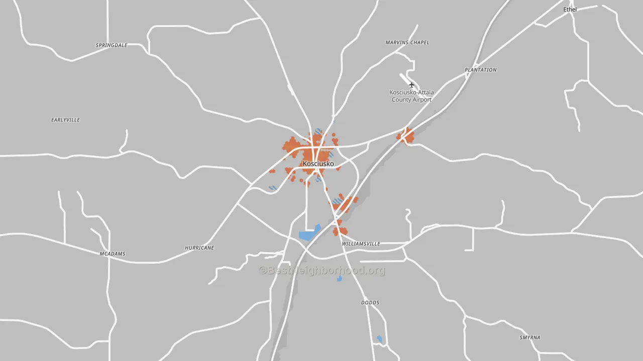 Bike Grade map of Kosciusko, MS