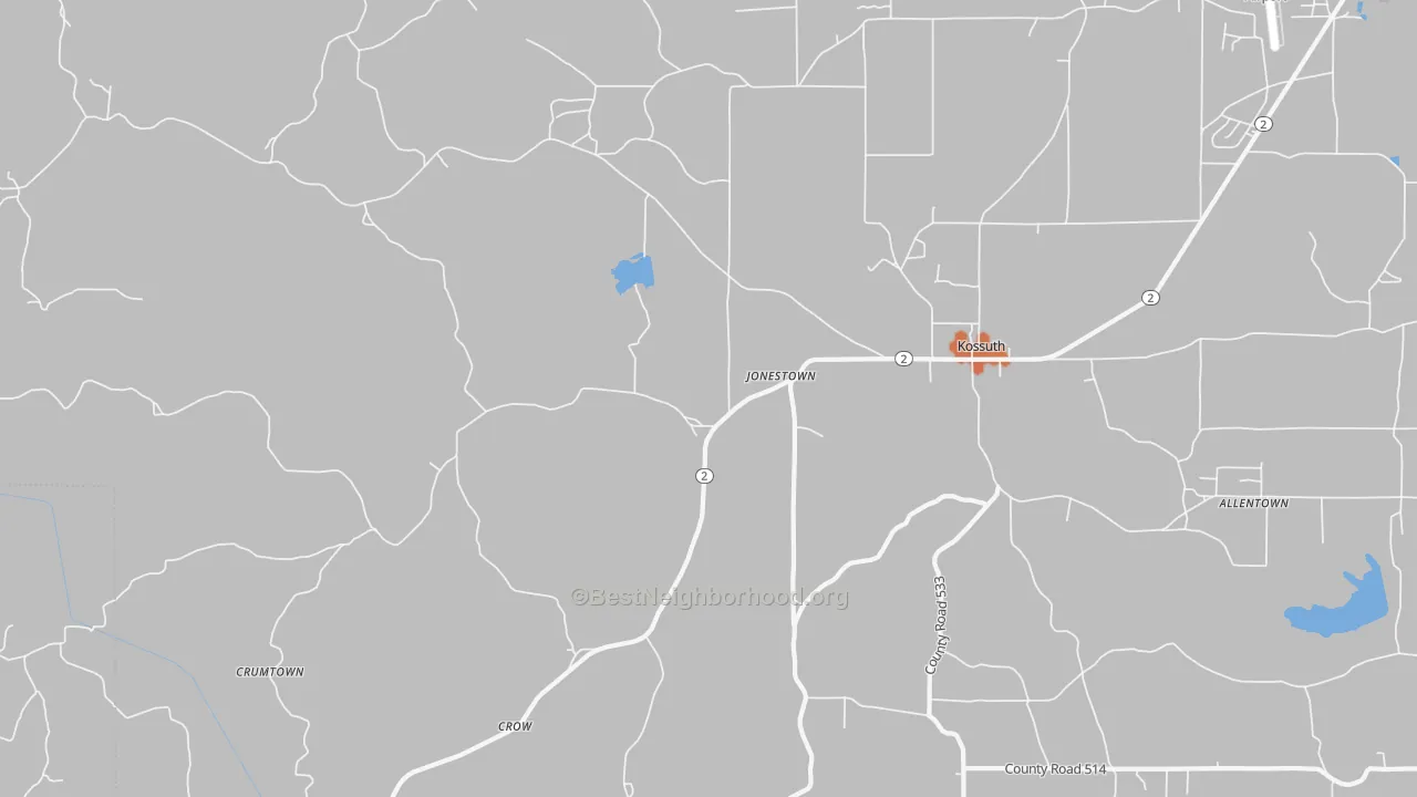 Bike Grade map of Kossuth, MS
