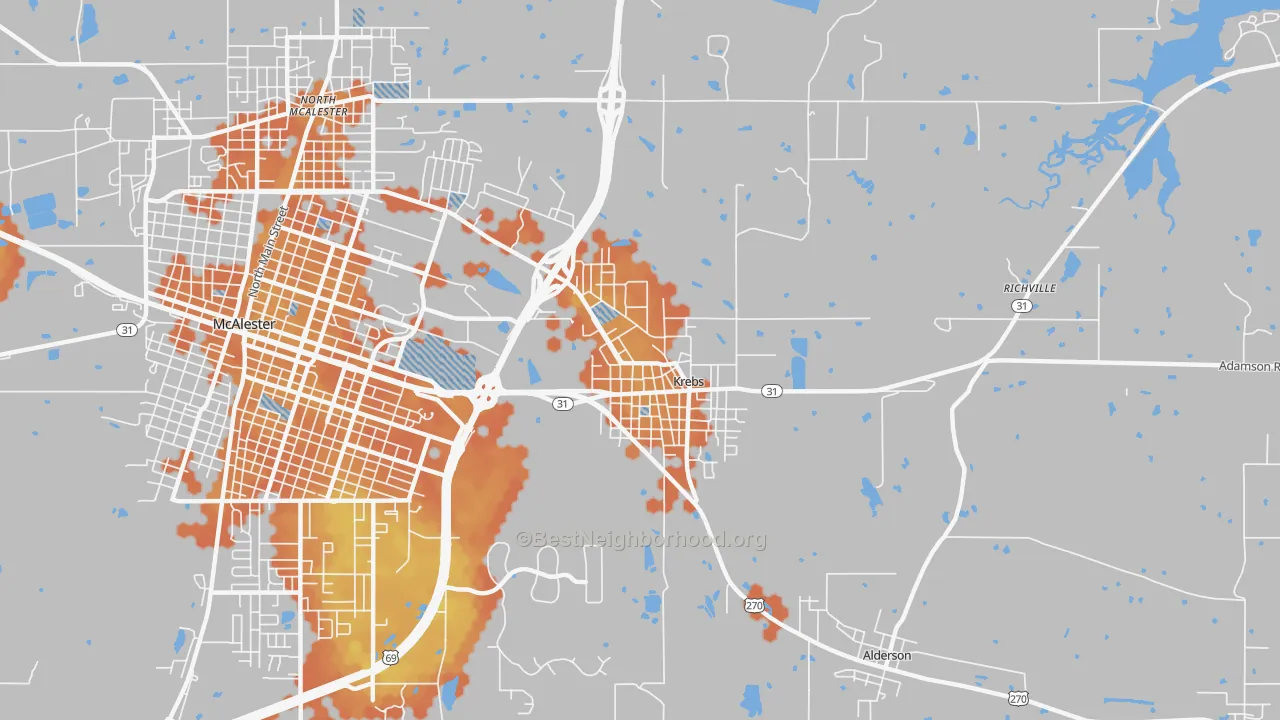Bike Grade map of Krebs, OK