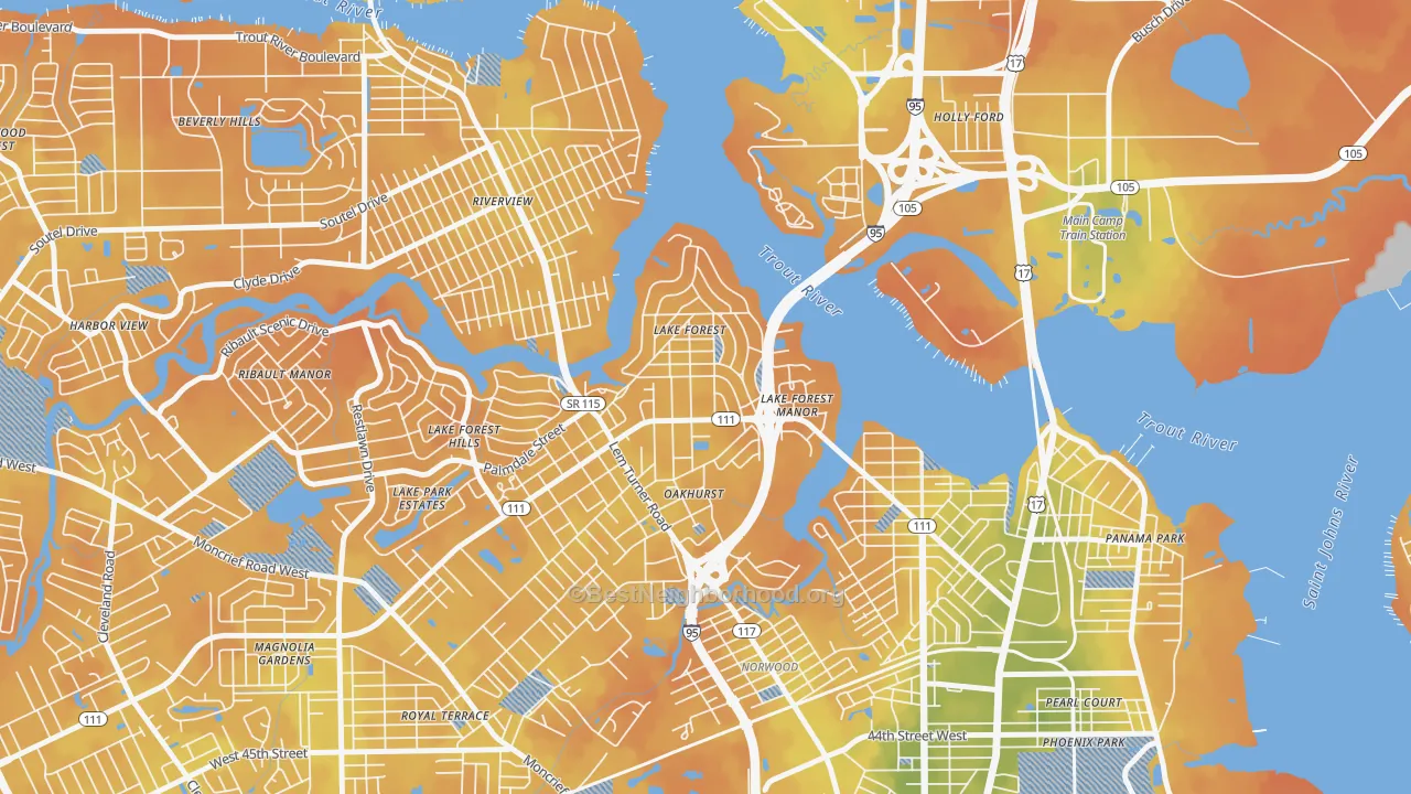 Bike Grade map of Lake Forest, Jacksonville, FL