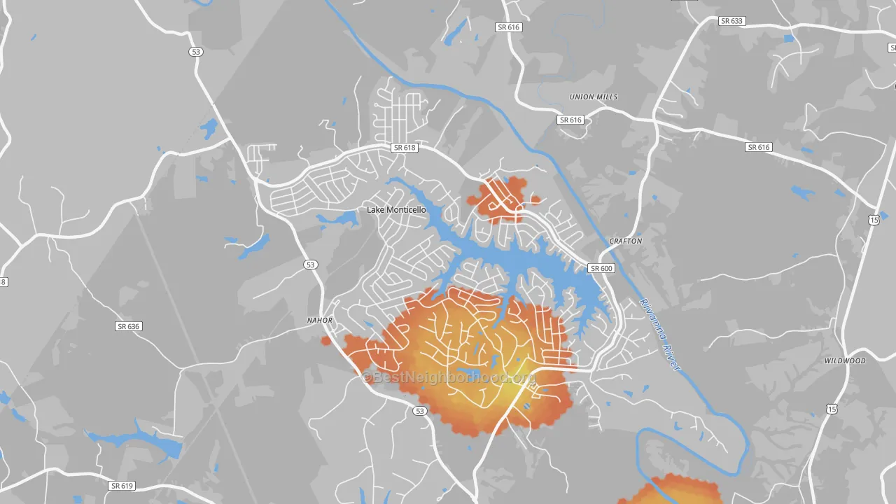 Bike Grade map of Lake Monticello, VA