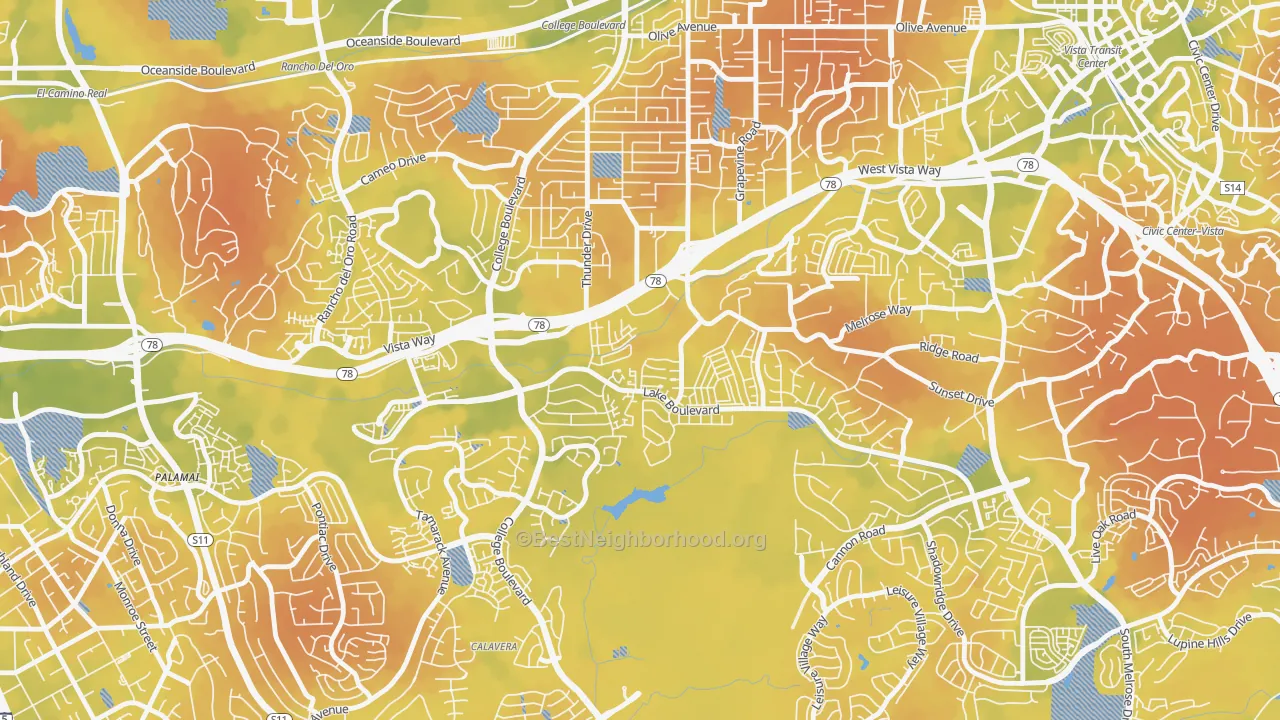 Bike Grade map of Lake, Oceanside, CA
