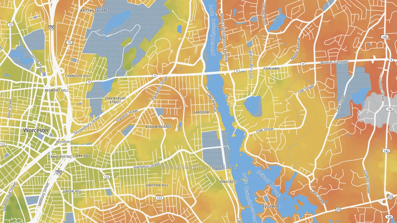 Bike Grade map of Lake Park, Worcester, MA