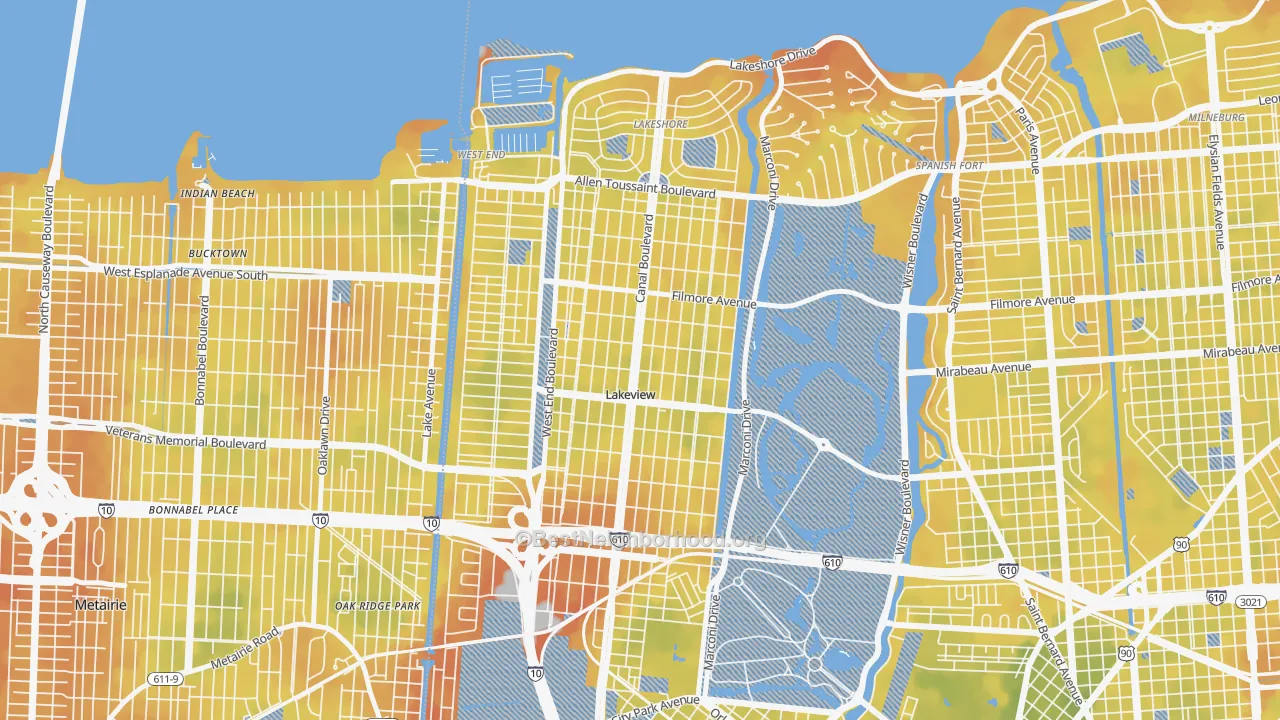 Bike Grade map of Lakeview, New Orleans, LA