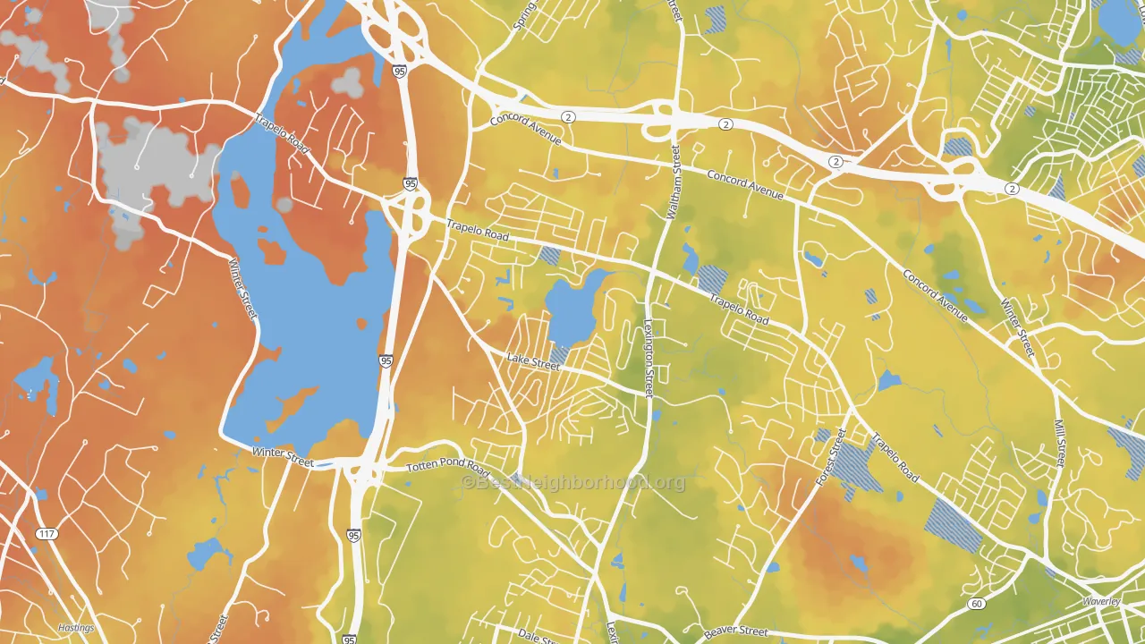 Bike Grade map of Lakeview, Waltham, MA