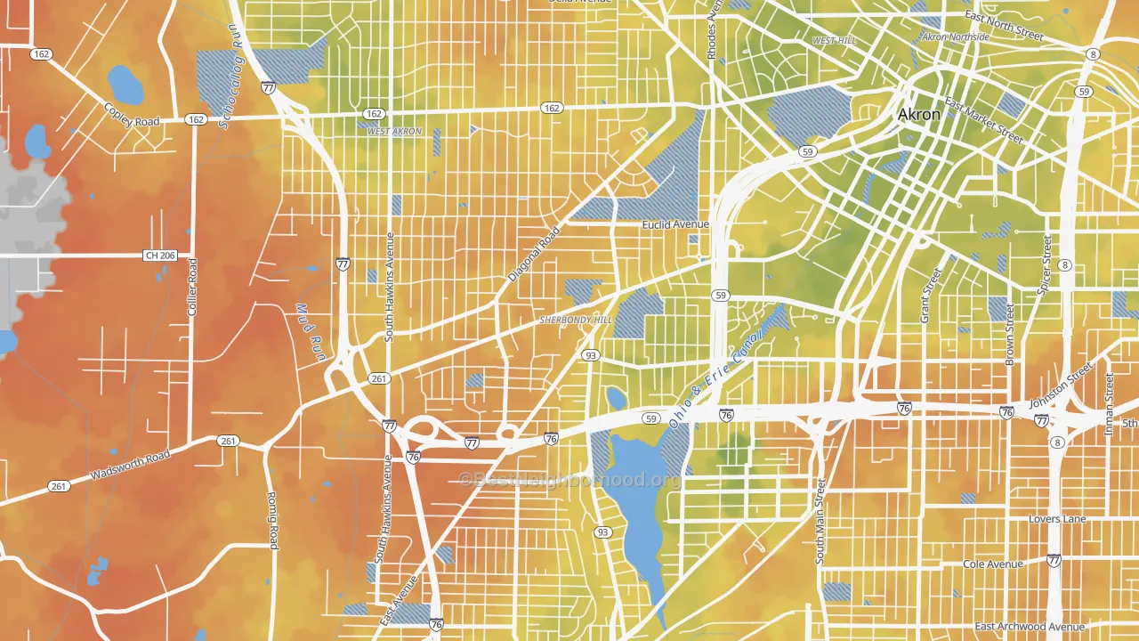 Bike Grade map of Lane-Wooster, Akron, OH