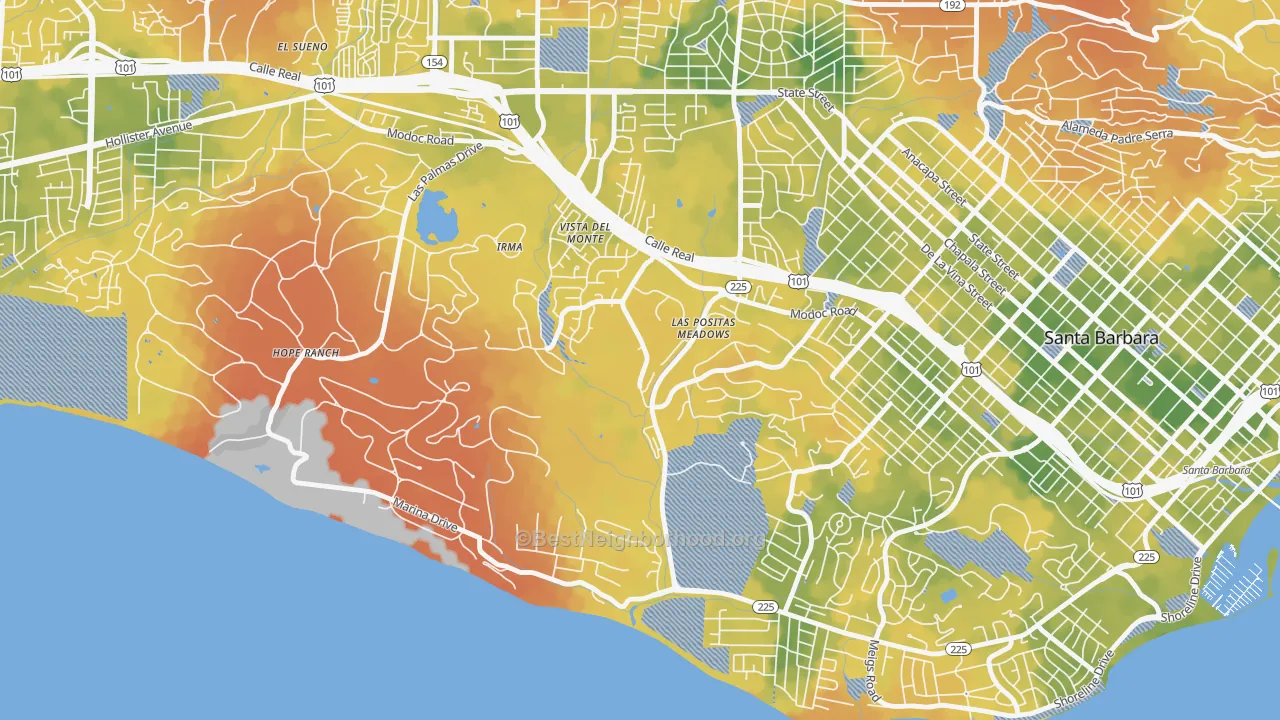Bike Grade map of Las Positas, Santa Barbara, CA
