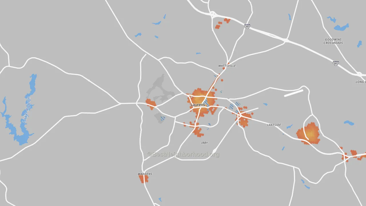 Bike Grade map of Laurens, SC