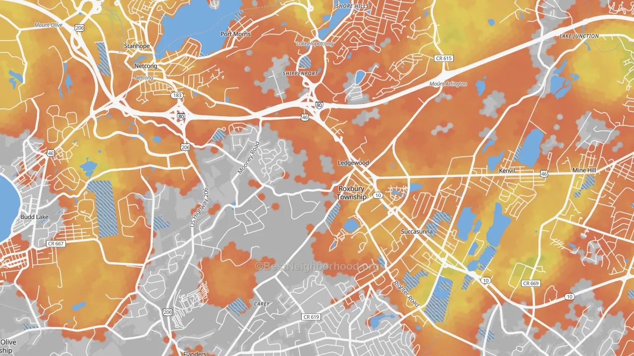 Bike Grade map of Ledgewood, NJ