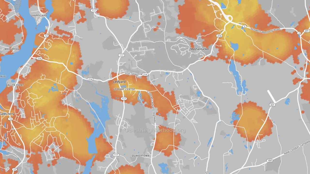 Bike Grade map of Ledyard, CT