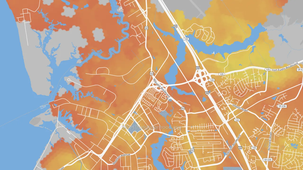 Bike Grade map of Lee Hall, Newport News, VA