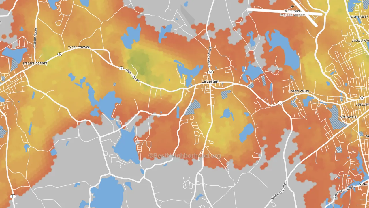 Bike Grade map of Leicester, MA