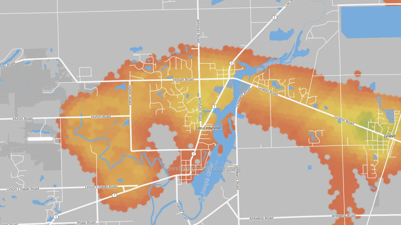 Bike Grade map of Leo-Cedarville, IN