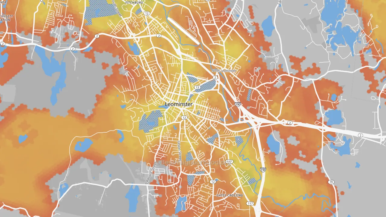 Bike Grade map of Leominster, MA