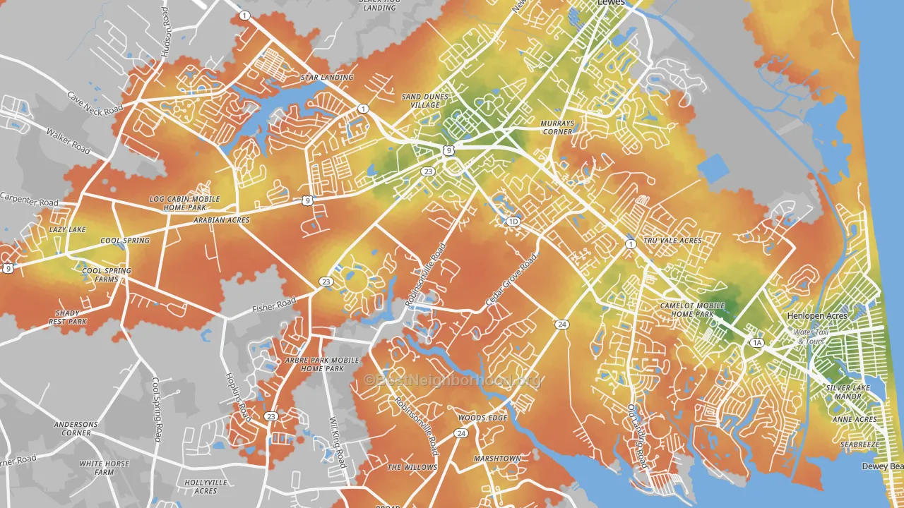 Bike Grade map of Lewes, DE