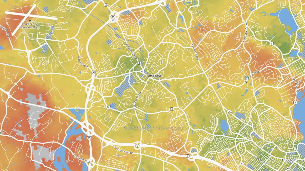 Bike Grade map of Lexington, MA