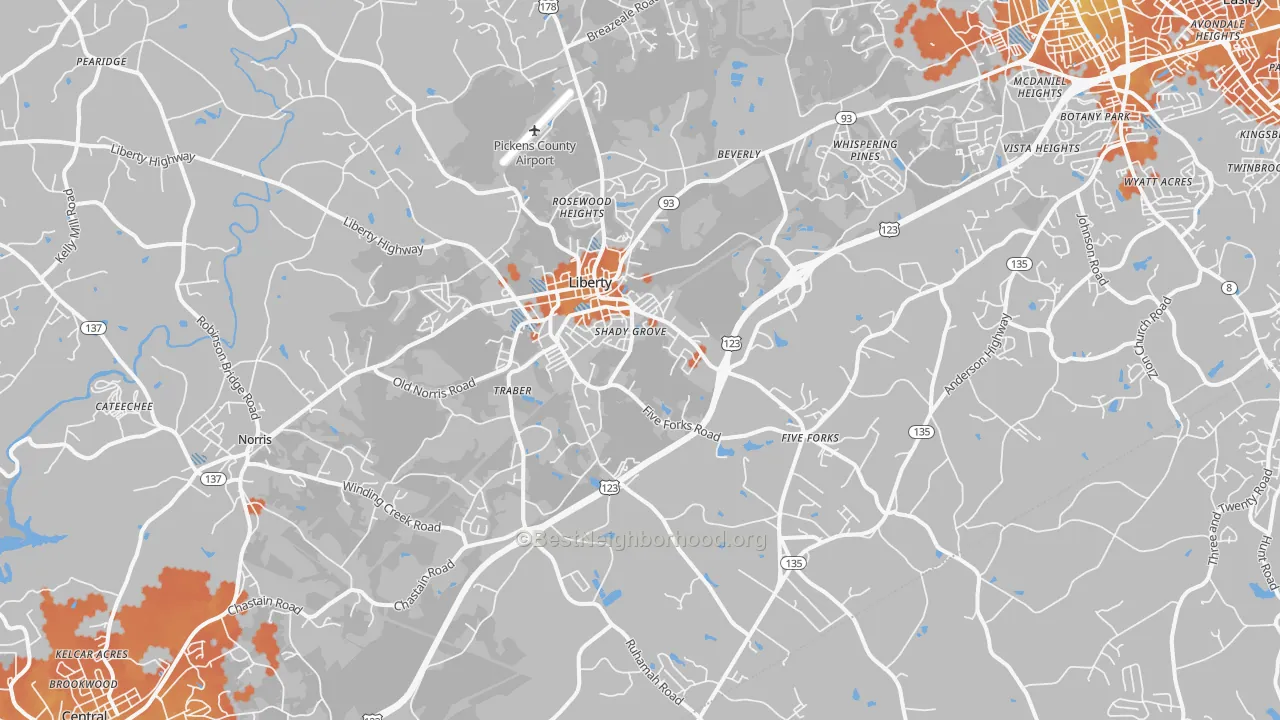 Bike Grade map of Liberty, SC