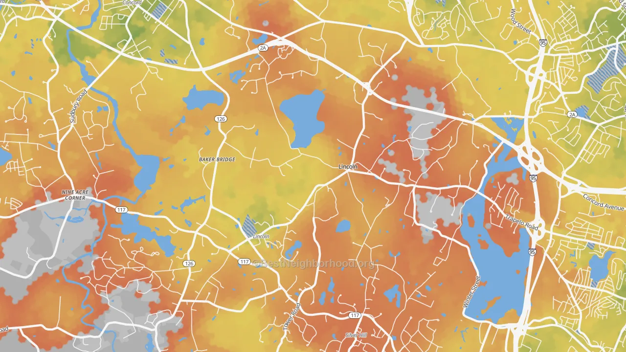 Bike Grade map of Lincoln, MA