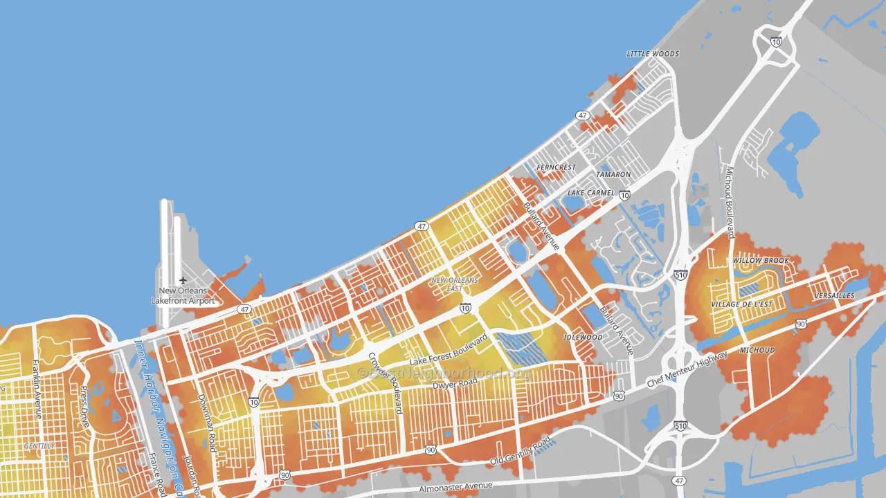Bike Grade map of Little Woods, New Orleans, LA