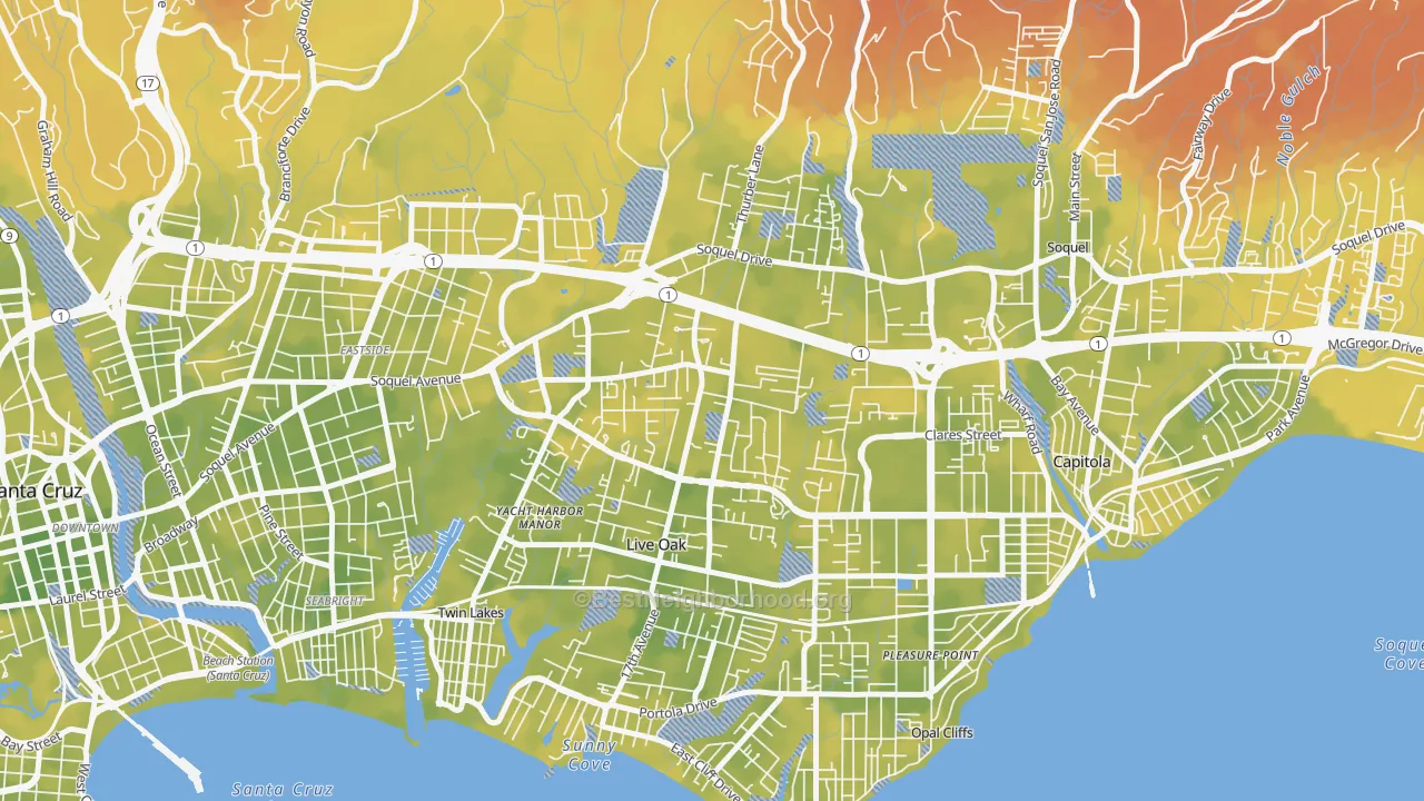 Bike Grade map of Live Oak, Santa Cruz, CA