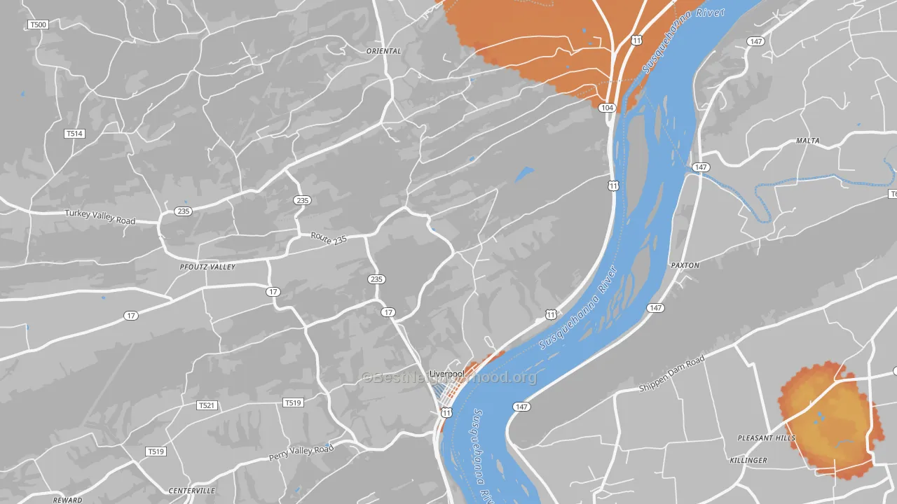 Bike Grade map of Liverpool, PA
