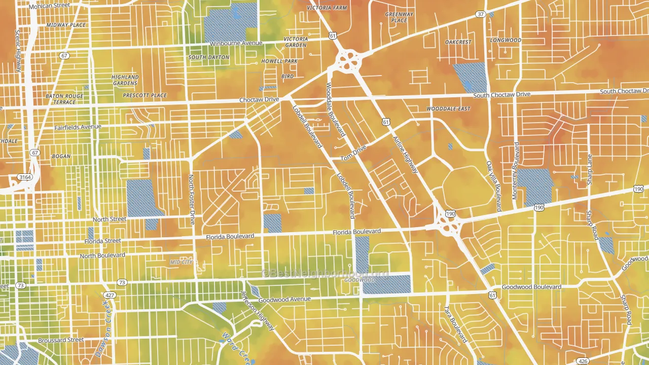 Bike Grade map of Lobdell-Woodale, Baton Rouge, LA