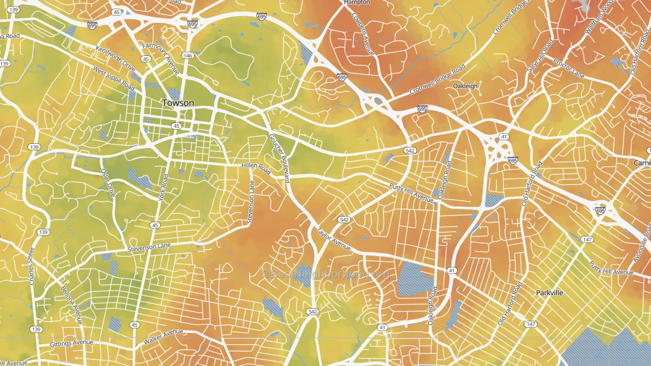 Bike Grade map of Loch Raven Manor, Towson, MD