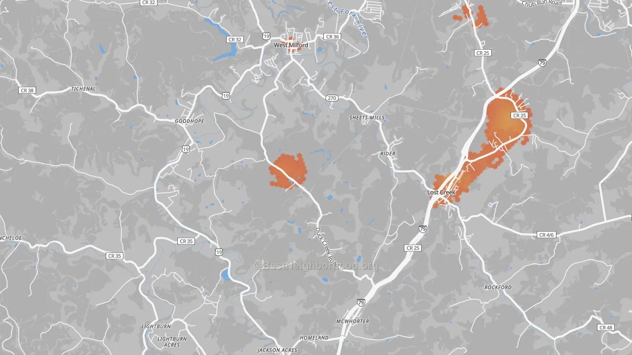 Bike Grade map of Lost Creek, WV