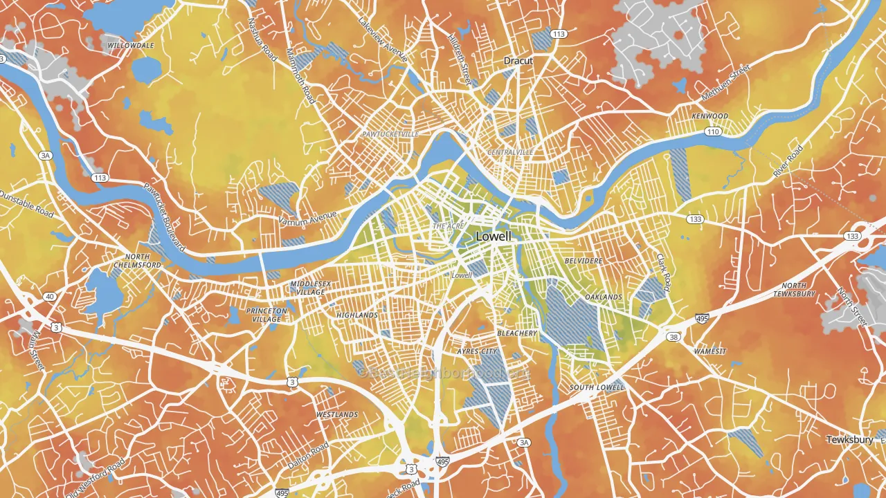 Bike Grade map of Lowell, MA