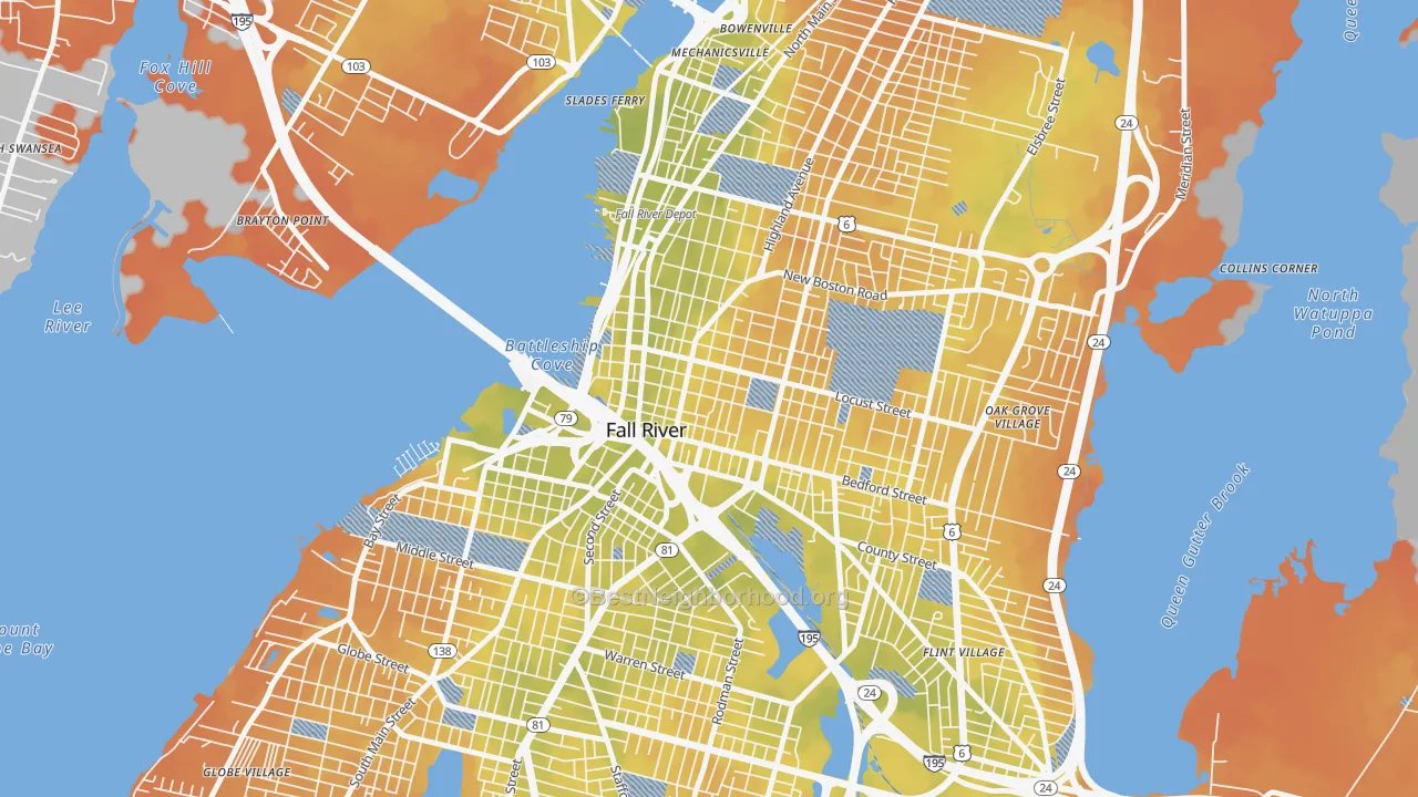 Bike Grade map of Lower Highlands, Fall River, MA
