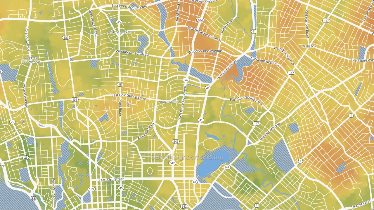 Bike Grade map of Lower Northwood, Baltimore, MD