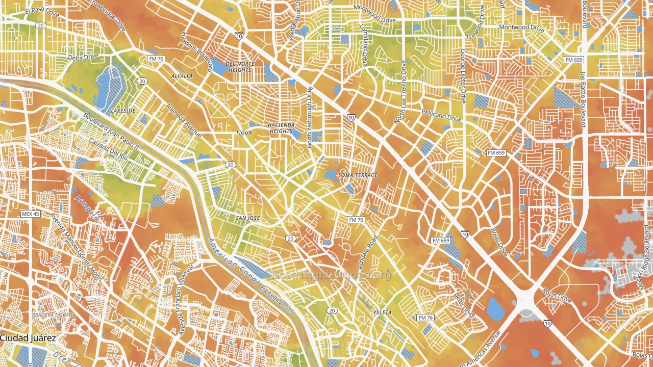 Bike Grade map of Lower Valley, El Paso, TX