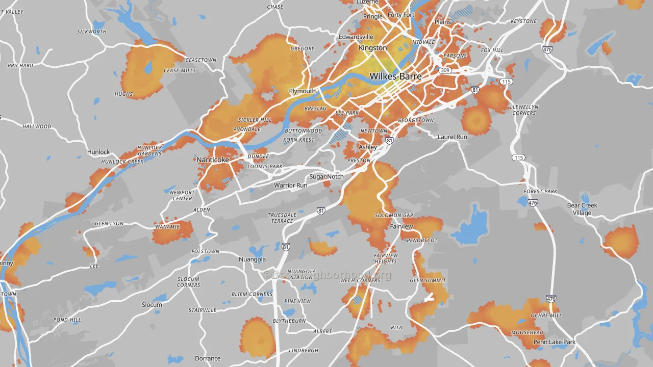 Bike Grade map of Luzerne County, PA