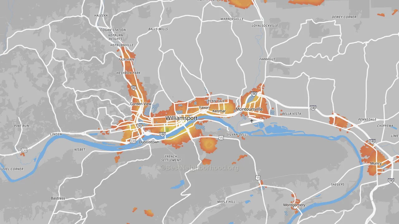 Bike Grade map of Lycoming County, PA
