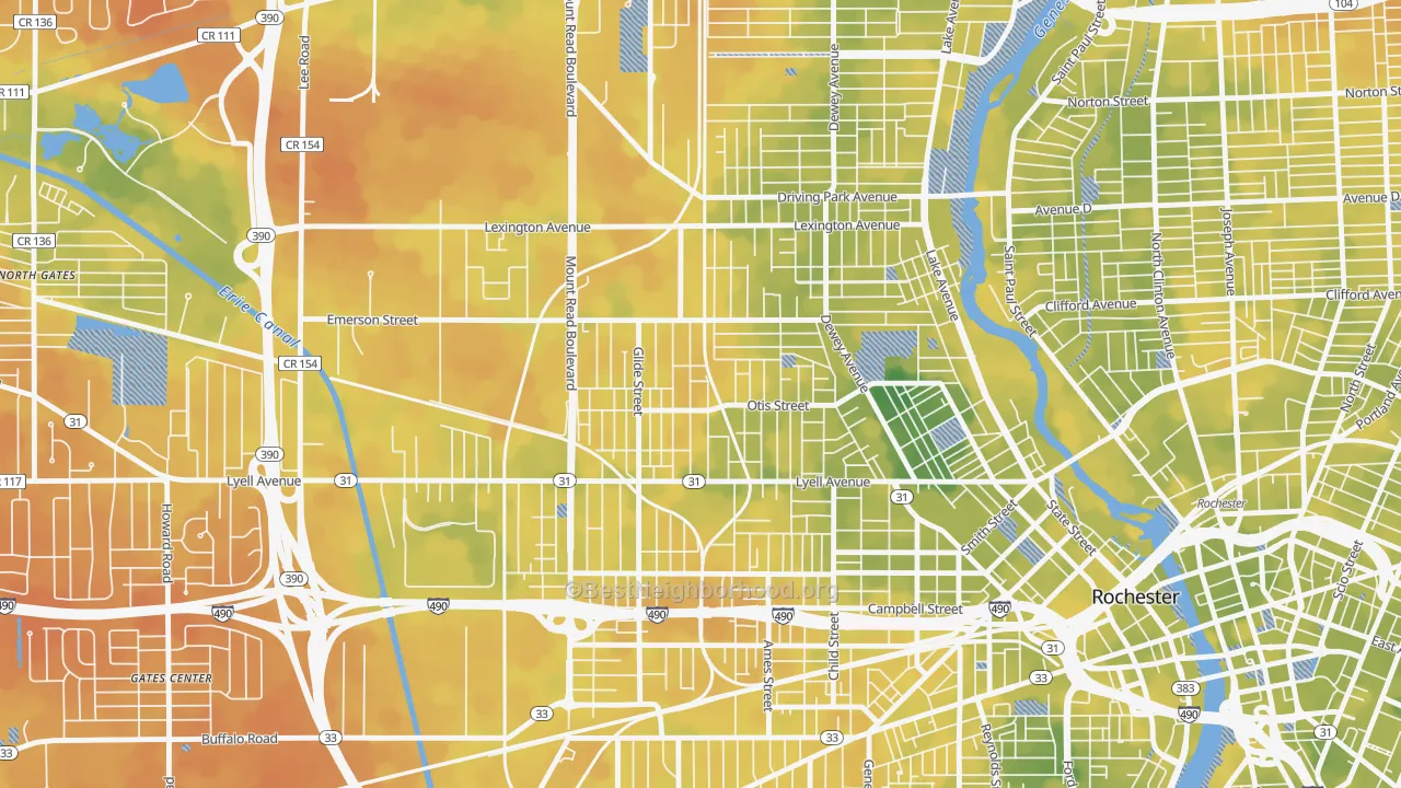 Bike Grade map of Lyell-Otis, Rochester, NY