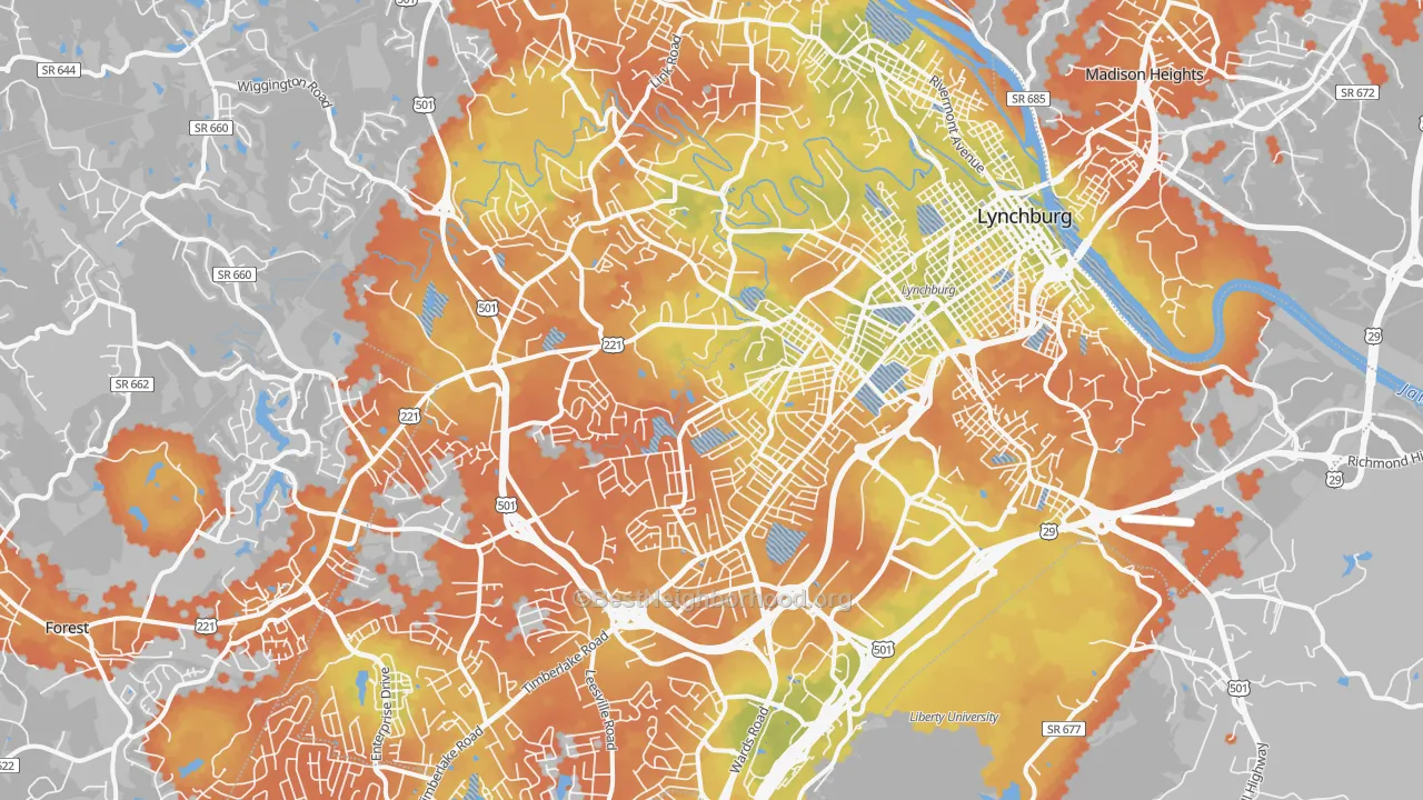 Bike Grade map of Lynchburg City, VA