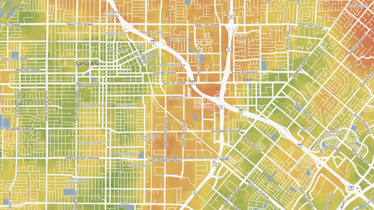 Bike Grade map of Lyon Street, Santa Ana, CA