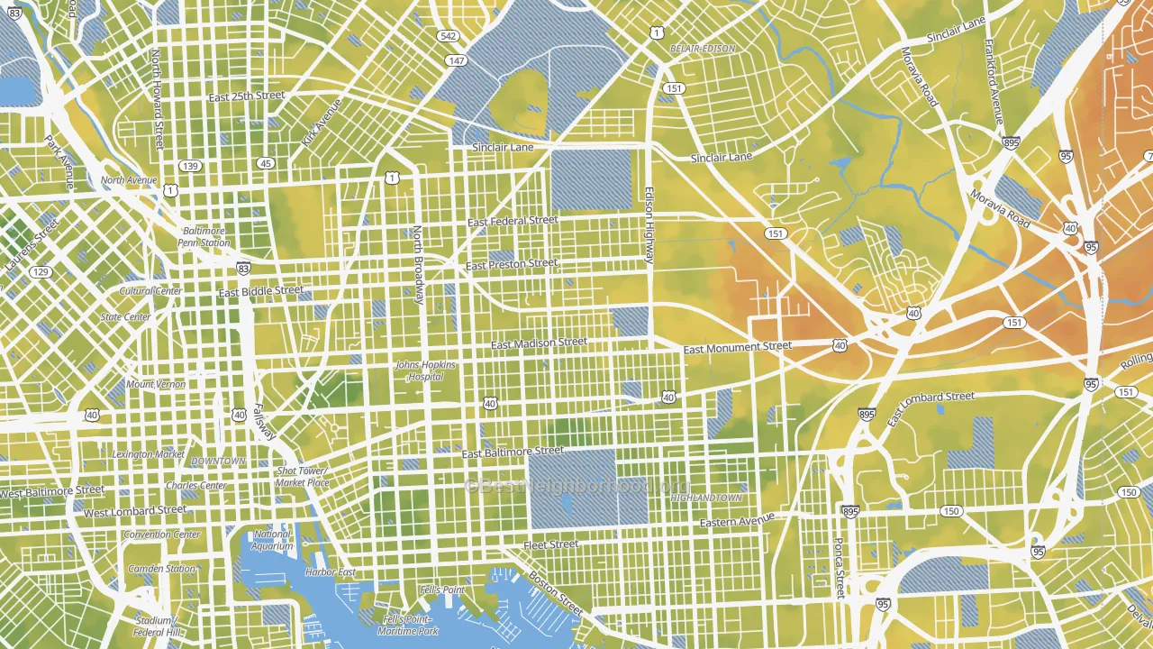 Bike Grade map of Madison-Eastend, Baltimore, MD