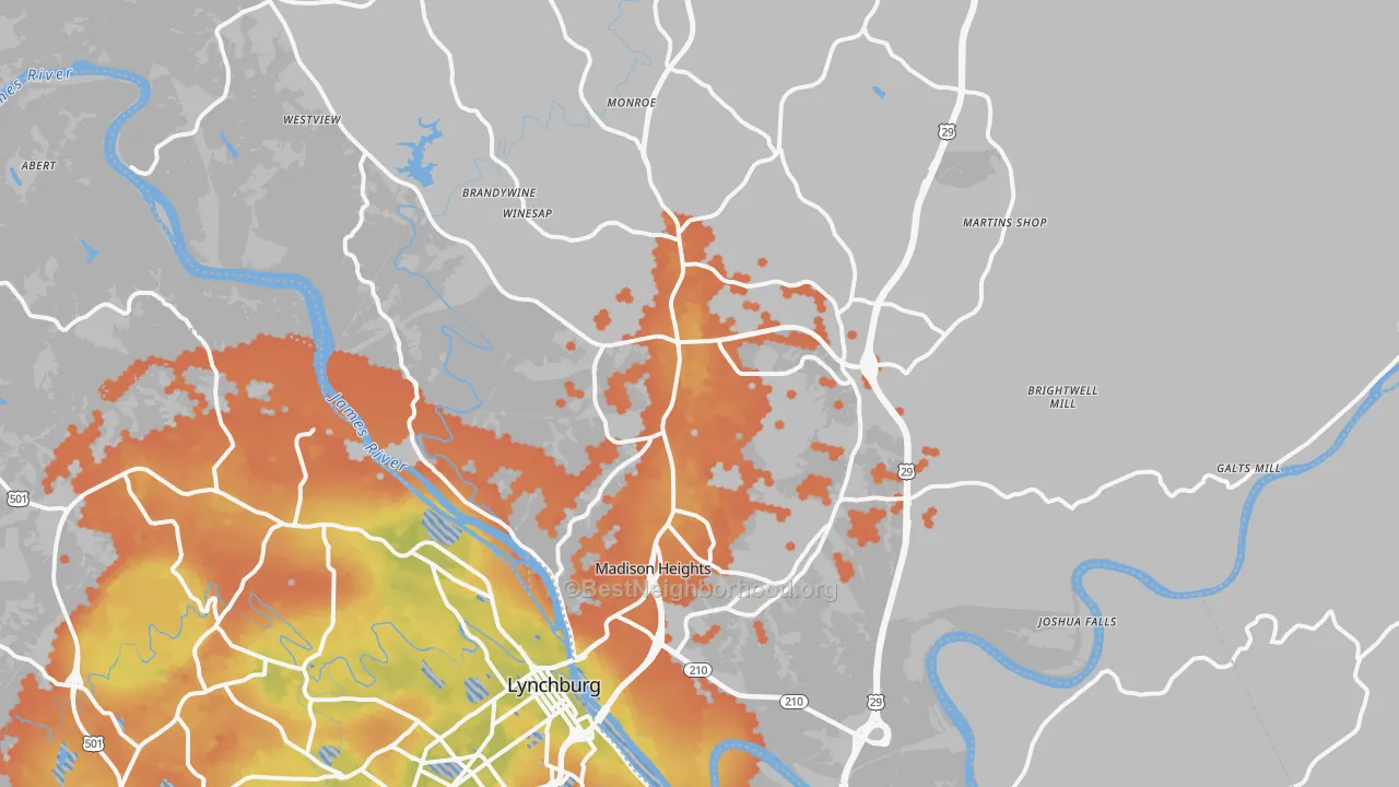 Bike Grade map of Madison Heights, VA