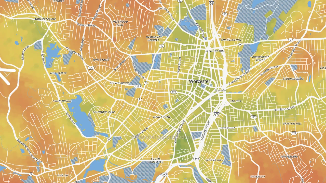 Bike Grade map of Main Middle, Worcester, MA