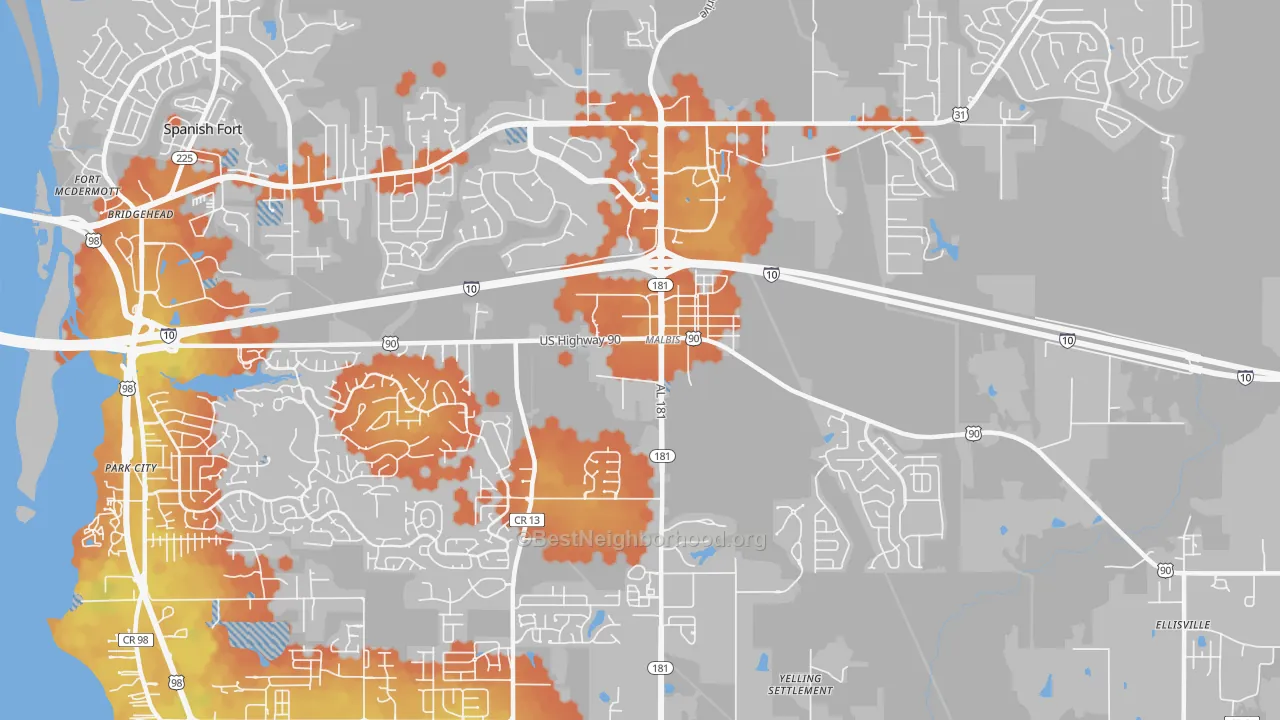 Bike Grade map of Malbis, AL