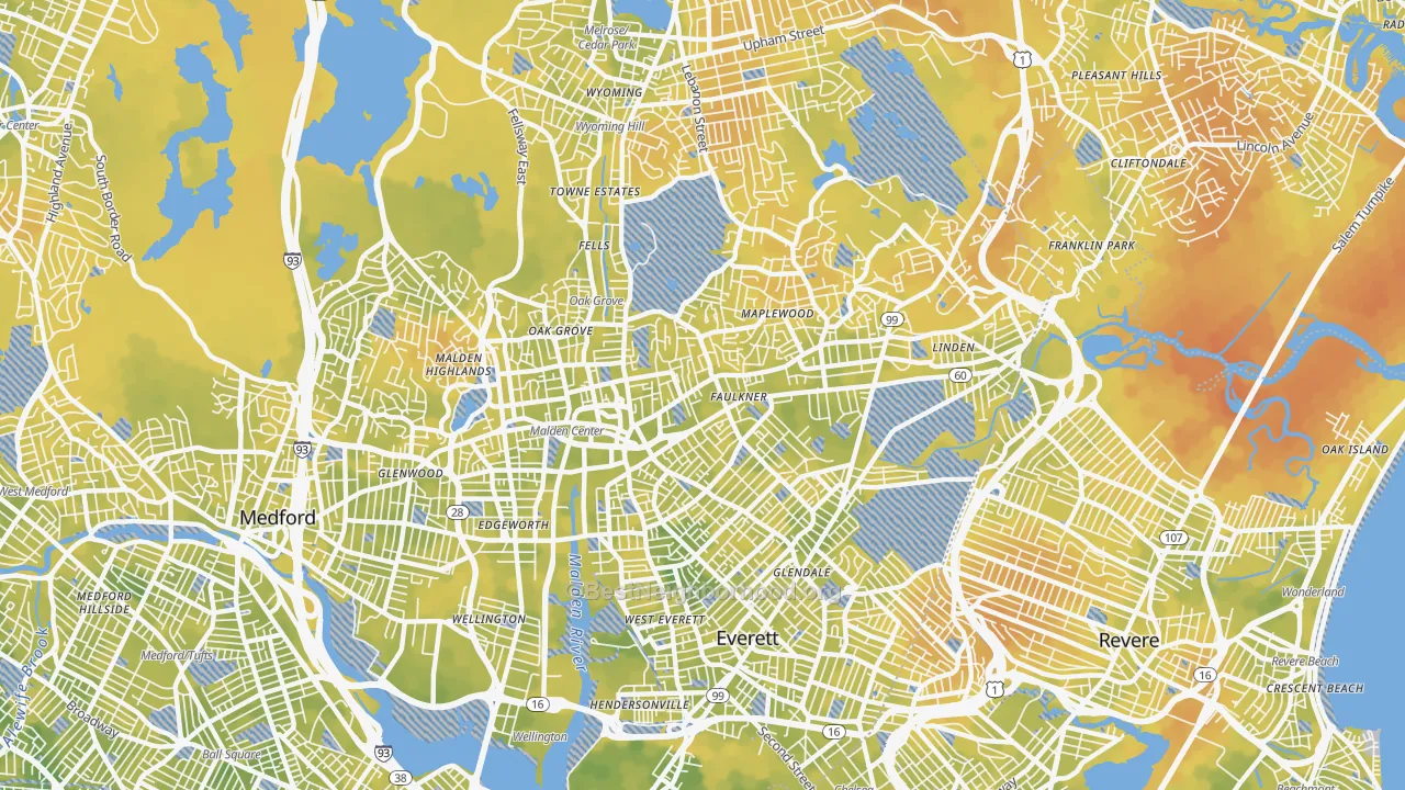 Bike Grade map of Malden, MA