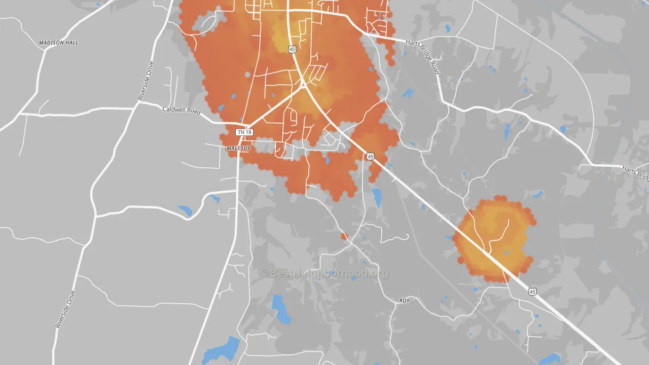 Bike Grade map of Malesus, TN