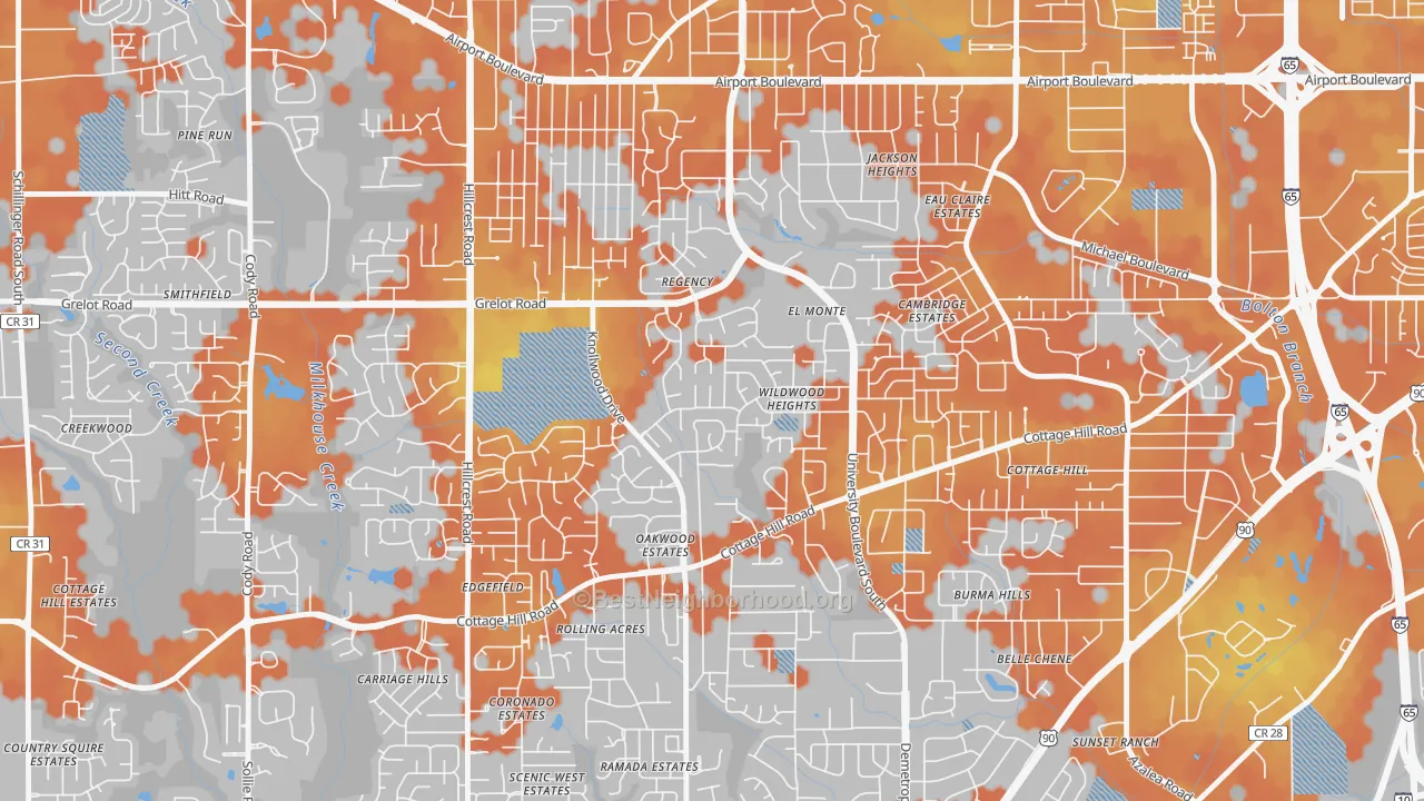Bike Grade map of Malibar Heights, Mobile, AL
