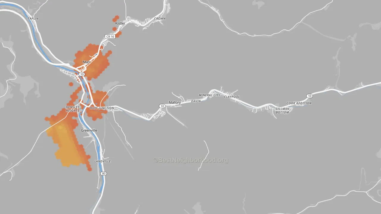 Bike Grade map of Mallory, WV