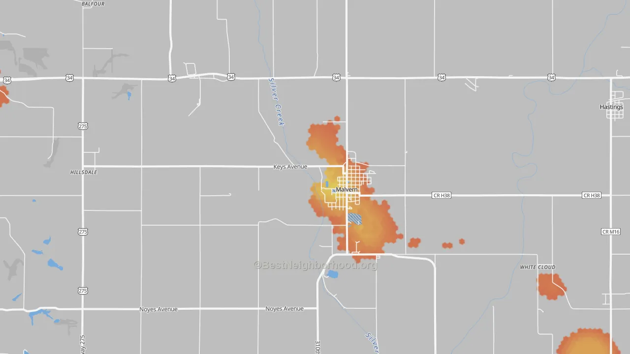 Bike Grade map of Malvern, IA