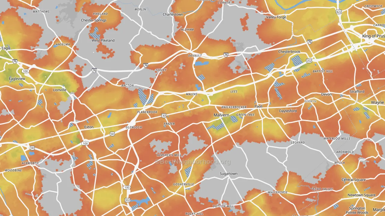 Bike Grade map of Malvern, PA