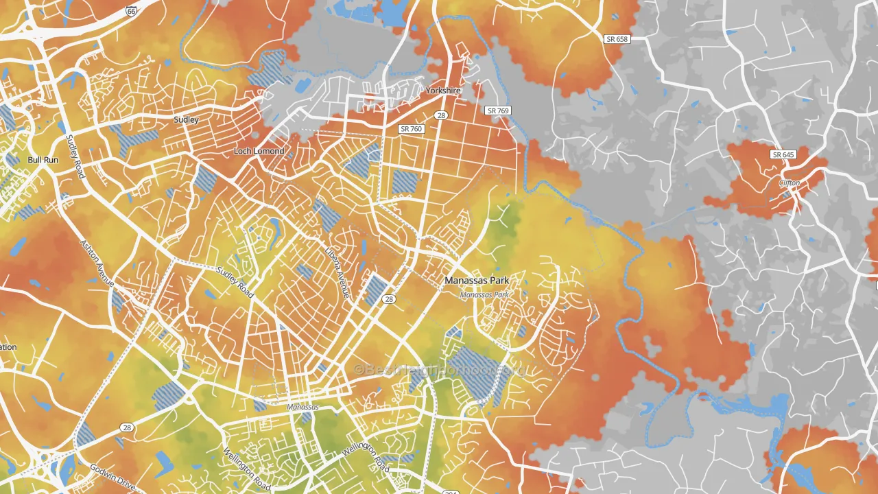 Bike Grade map of Manassas Park City, VA